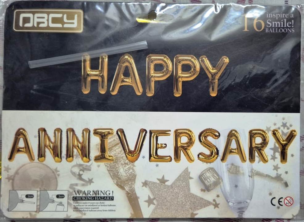 Happy Anniversary Gold Foil Letter Balloon Set (16 Inch) with Straw for Anniversary Party Decoration.