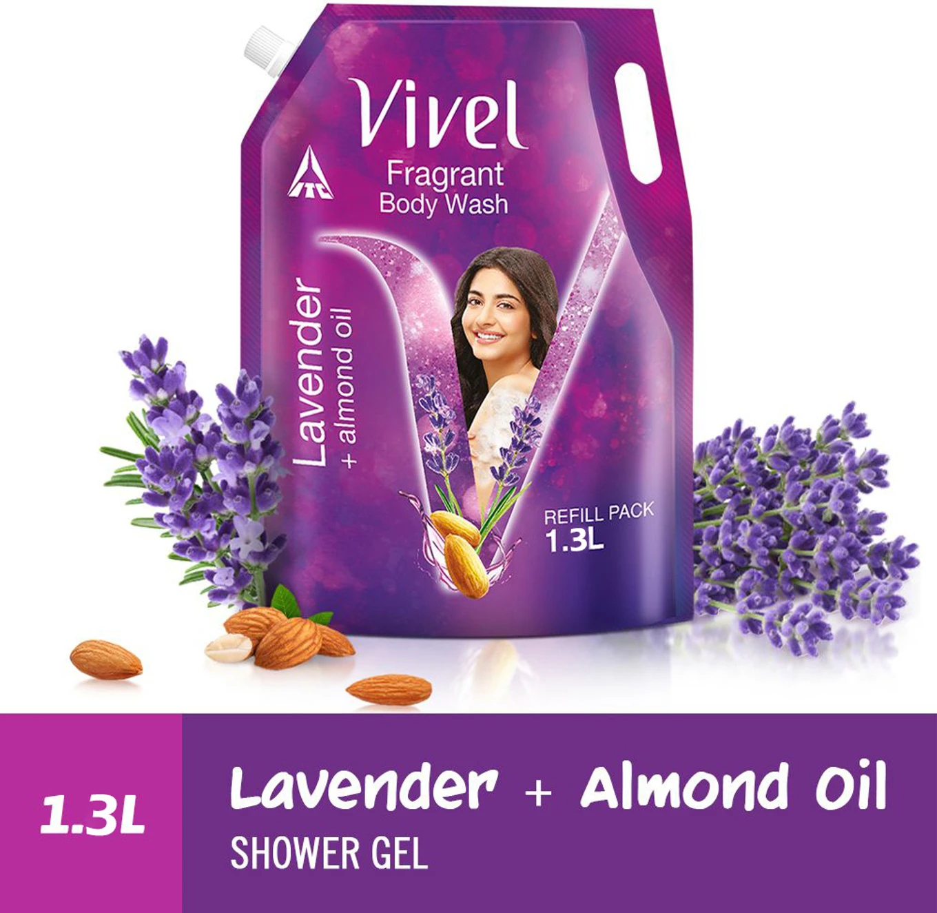 Vivel Fragrant Body Wash Lavender & Almond Oil Shower Gel, Supersaver XL Refill Pouch (1.3 L)